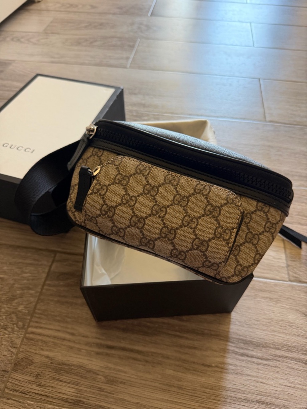 Gucci Brown GG Canvas Belt Bag with Black Trim